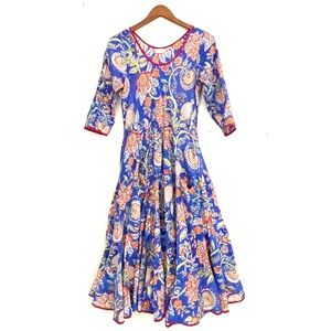 VTG Colorful Blue Floral 20 Foot Full Sweep Tiered Peasant Dress by Dori Small